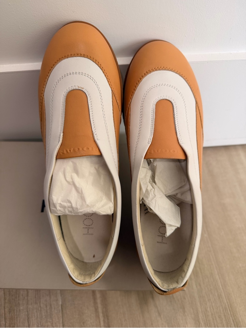 Hogan Camel  and White Slip-On Leather Shoes